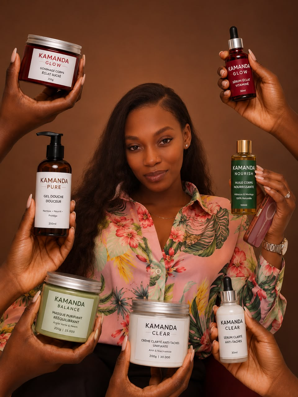Modèle présentant plusieurs soins Kamanda Glow